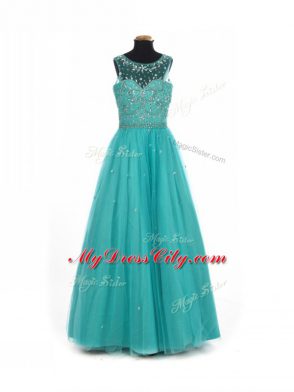 Lovely Empire Little Girls Pageant Gowns Teal Scoop Tulle Sleeveless Floor Length Lace Up