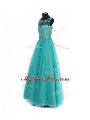 Lovely Empire Little Girls Pageant Gowns Teal Scoop Tulle Sleeveless Floor Length Lace Up