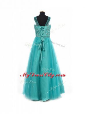 Lovely Empire Little Girls Pageant Gowns Teal Scoop Tulle Sleeveless Floor Length Lace Up
