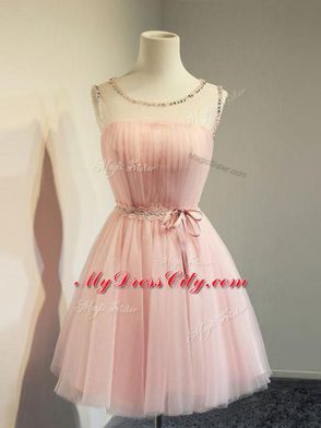 Fancy Baby Pink Tulle Lace Up Scoop Long Sleeves Knee Length Dama Dress Belt