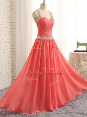 Fantastic Sleeveless Floor Length Beading and Ruching Criss Cross Homecoming Dress with Watermelon Red