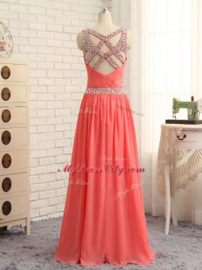 Fantastic Sleeveless Floor Length Beading and Ruching Criss Cross Homecoming Dress with Watermelon Red