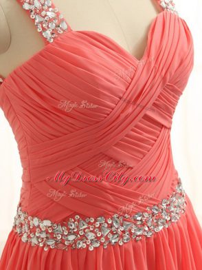 Fantastic Sleeveless Floor Length Beading and Ruching Criss Cross Homecoming Dress with Watermelon Red