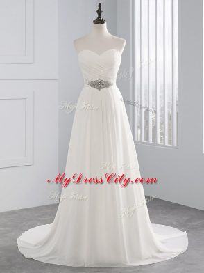 White Wedding Gown Chiffon Brush Train Sleeveless Beading and Ruching