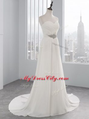 White Wedding Gown Chiffon Brush Train Sleeveless Beading and Ruching