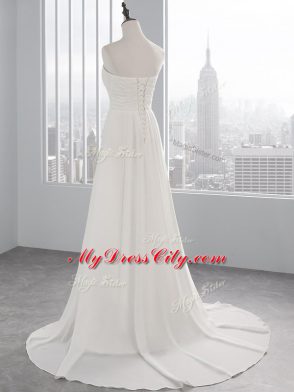 White Wedding Gown Chiffon Brush Train Sleeveless Beading and Ruching