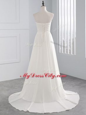 White Wedding Gown Chiffon Brush Train Sleeveless Beading and Ruching