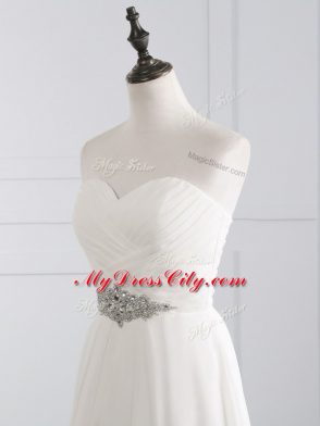 White Wedding Gown Chiffon Brush Train Sleeveless Beading and Ruching