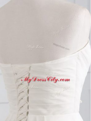 White Wedding Gown Chiffon Brush Train Sleeveless Beading and Ruching