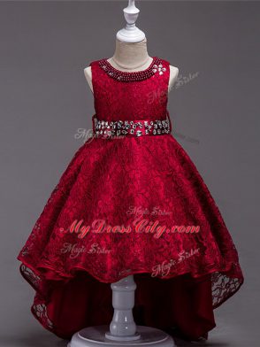 Modern Wine Red Lace Up Scoop Beading Flower Girl Dresses Lace Sleeveless