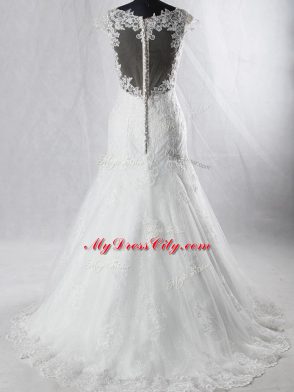 Fabulous Cap Sleeves Beading and Lace Clasp Handle Wedding Dresses with White Brush Train