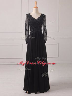 Amazing Black Zipper V-neck Lace and Appliques Mother of Groom Dress Chiffon Long Sleeves