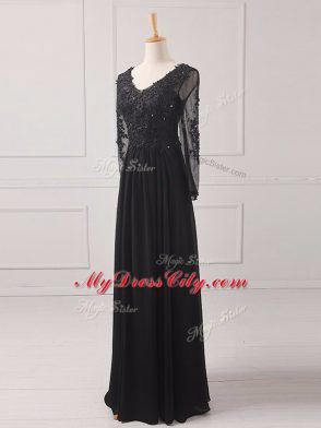 Amazing Black Zipper V-neck Lace and Appliques Mother of Groom Dress Chiffon Long Sleeves