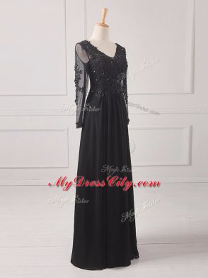 Amazing Black Zipper V-neck Lace and Appliques Mother of Groom Dress Chiffon Long Sleeves