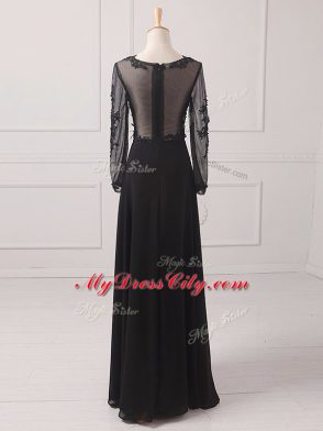 Amazing Black Zipper V-neck Lace and Appliques Mother of Groom Dress Chiffon Long Sleeves