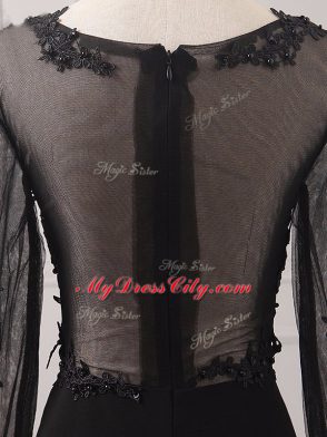 Amazing Black Zipper V-neck Lace and Appliques Mother of Groom Dress Chiffon Long Sleeves