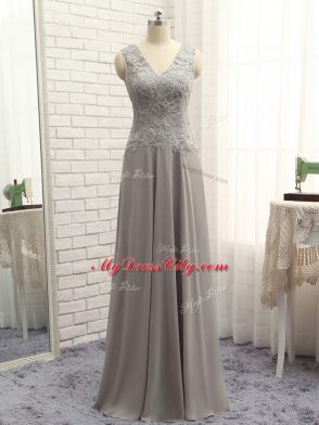 Grey Column/Sheath V-neck Sleeveless Chiffon Floor Length Zipper Lace and Appliques Mother Dresses