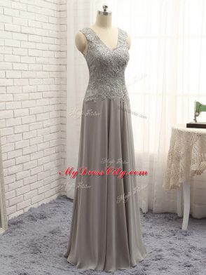 Grey Column/Sheath V-neck Sleeveless Chiffon Floor Length Zipper Lace and Appliques Mother Dresses
