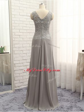 Grey Column/Sheath V-neck Sleeveless Chiffon Floor Length Zipper Lace and Appliques Mother Dresses
