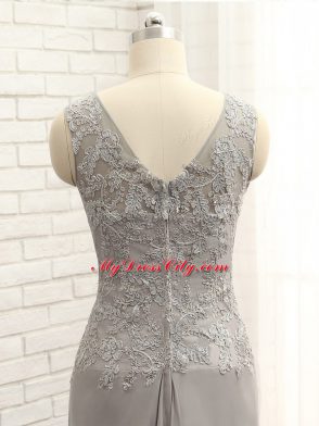 Grey Column/Sheath V-neck Sleeveless Chiffon Floor Length Zipper Lace and Appliques Mother Dresses