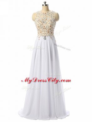 Fantastic White Chiffon Zipper Scoop Sleeveless High Low Evening Dress Beading and Lace and Appliques