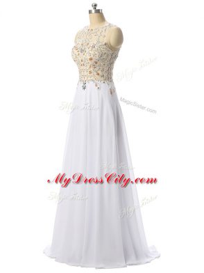 Fantastic White Chiffon Zipper Scoop Sleeveless High Low Evening Dress Beading and Lace and Appliques