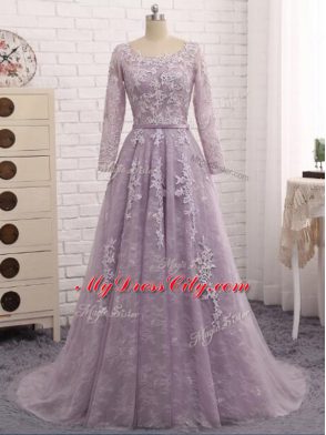 Unique Zipper Mother of Bride Dresses Lavender for Prom and Sweet 16 with Beading and Appliques Brush Train