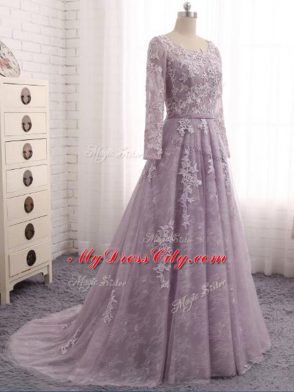 Unique Zipper Mother of Bride Dresses Lavender for Prom and Sweet 16 with Beading and Appliques Brush Train