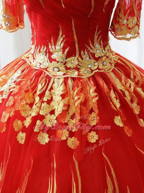 Red Off The Shoulder Lace Up Appliques Quinceanera Gown Half Sleeves
