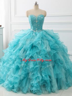 Sweetheart Sleeveless Brush Train Lace Up 15 Quinceanera Dress Aqua Blue Organza