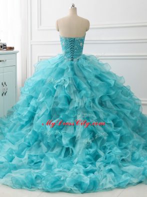 Sweetheart Sleeveless Brush Train Lace Up 15 Quinceanera Dress Aqua Blue Organza