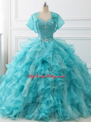 Sweetheart Sleeveless Brush Train Lace Up 15 Quinceanera Dress Aqua Blue Organza