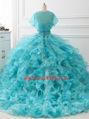 Sweetheart Sleeveless Brush Train Lace Up 15 Quinceanera Dress Aqua Blue Organza