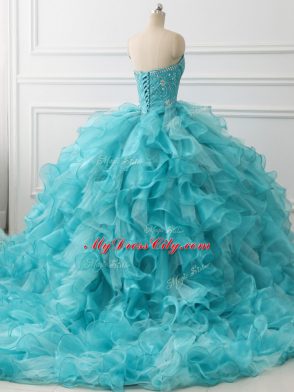 Sweetheart Sleeveless Brush Train Lace Up 15 Quinceanera Dress Aqua Blue Organza