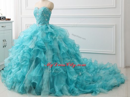 Sweetheart Sleeveless Brush Train Lace Up 15 Quinceanera Dress Aqua Blue Organza