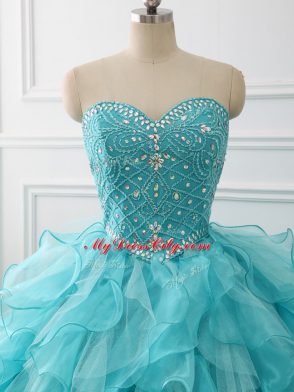 Sweetheart Sleeveless Brush Train Lace Up 15 Quinceanera Dress Aqua Blue Organza