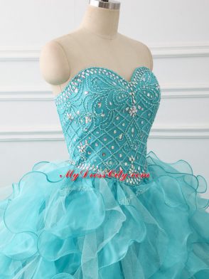Sweetheart Sleeveless Brush Train Lace Up 15 Quinceanera Dress Aqua Blue Organza