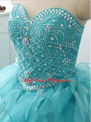 Sweetheart Sleeveless Brush Train Lace Up 15 Quinceanera Dress Aqua Blue Organza