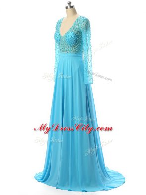 Long Sleeves Beading Zipper Mother of Groom Dress with Baby Blue Brush Train