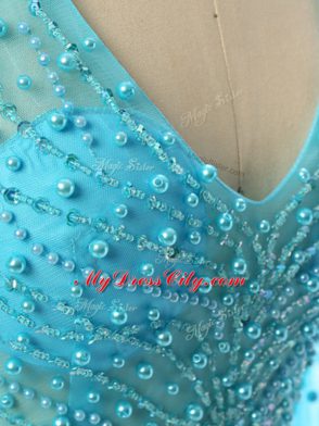 Long Sleeves Beading Zipper Mother of Groom Dress with Baby Blue Brush Train
