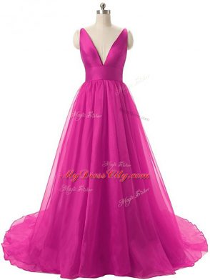 Sleeveless Brush Train Ruching Backless Dress for Prom