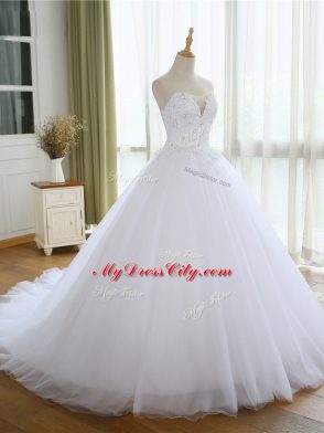 Fabulous White Wedding Gowns Beach and Wedding Party with Lace and Appliques Strapless Sleeveless Court Train Lace Up