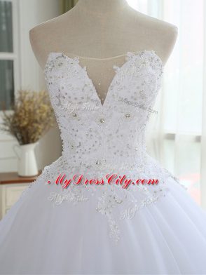 Fabulous White Wedding Gowns Beach and Wedding Party with Lace and Appliques Strapless Sleeveless Court Train Lace Up