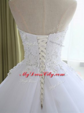 Fabulous White Wedding Gowns Beach and Wedding Party with Lace and Appliques Strapless Sleeveless Court Train Lace Up