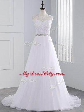 Sweet White A-line Beading and Lace and Appliques Wedding Dress Zipper Chiffon Sleeveless