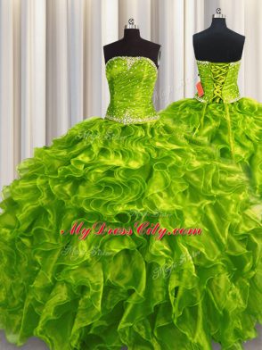 Sweet Olive Green Strapless Neckline Beading and Ruffles Vestidos de Quinceanera Sleeveless Lace Up