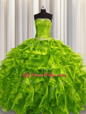 Sweet Olive Green Strapless Neckline Beading and Ruffles Vestidos de Quinceanera Sleeveless Lace Up