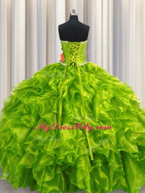 Sweet Olive Green Strapless Neckline Beading and Ruffles Vestidos de Quinceanera Sleeveless Lace Up