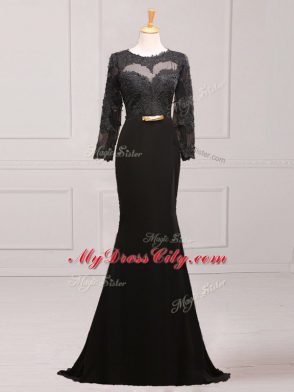 Adorable Black Scoop Neckline Lace and Appliques and Belt Mother Dresses Long Sleeves Side Zipper
