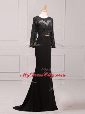 Adorable Black Scoop Neckline Lace and Appliques and Belt Mother Dresses Long Sleeves Side Zipper
